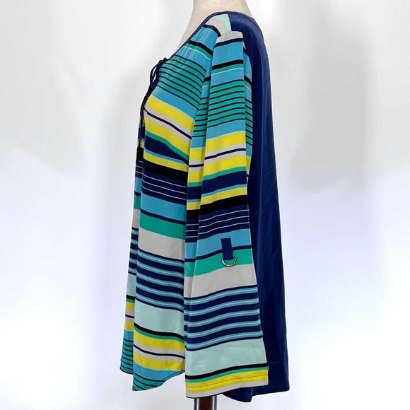 Lane Bryant Plus Size Lace-Up Striped Top 18W Blue Yellow - Picture 6 of 8